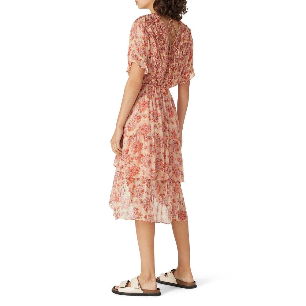 THE KOOPLES Pink Floral Ruffle Hemline Midi Tie Back Floral Frill Dress sz 1 - Picture 6 of 16